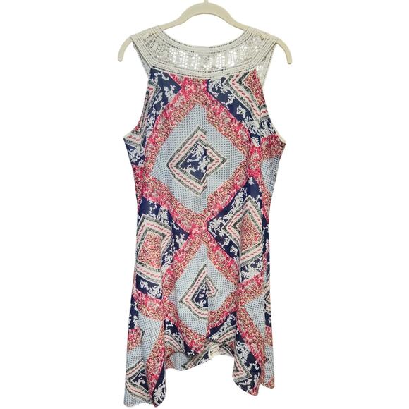 Tanzara Dress Large Boho Geometric Print Crochet Trim Handkerchief Hem Lined - Picture 2 of 8